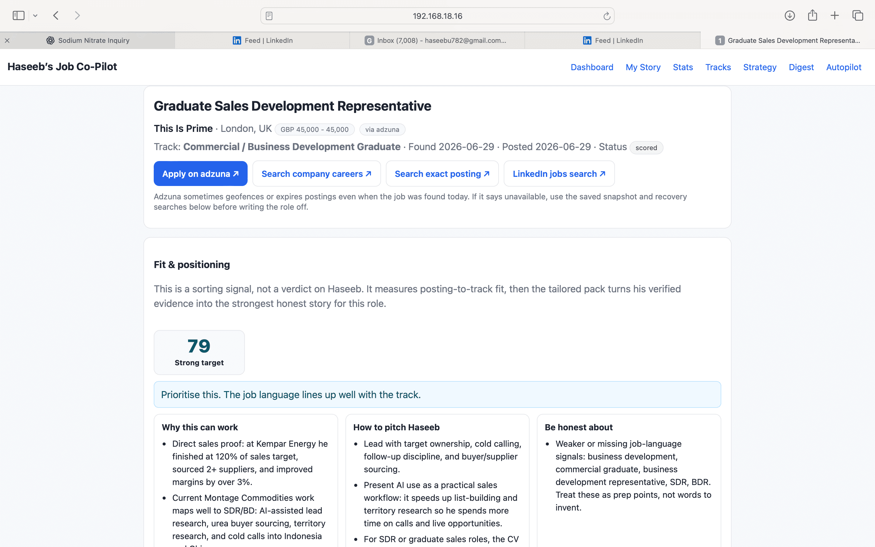 AI-assisted job analysis page showing role fit and positioning guidance