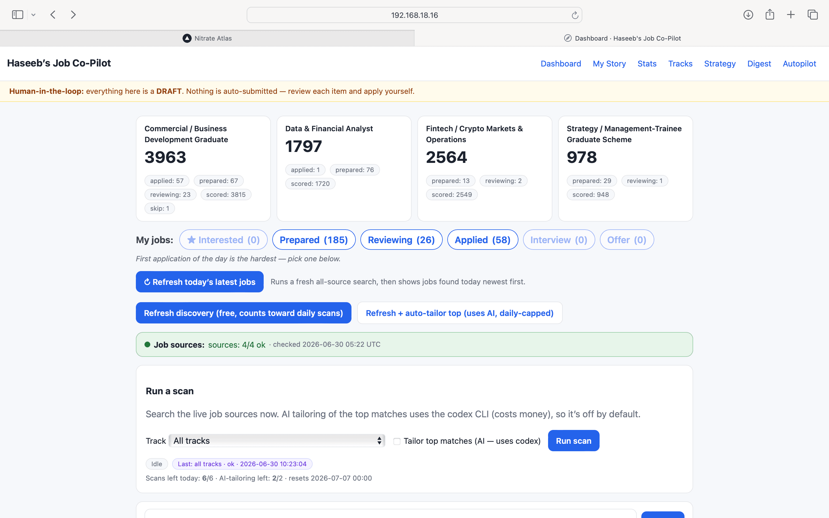 AI-assisted job search dashboard with role tracks and application statuses