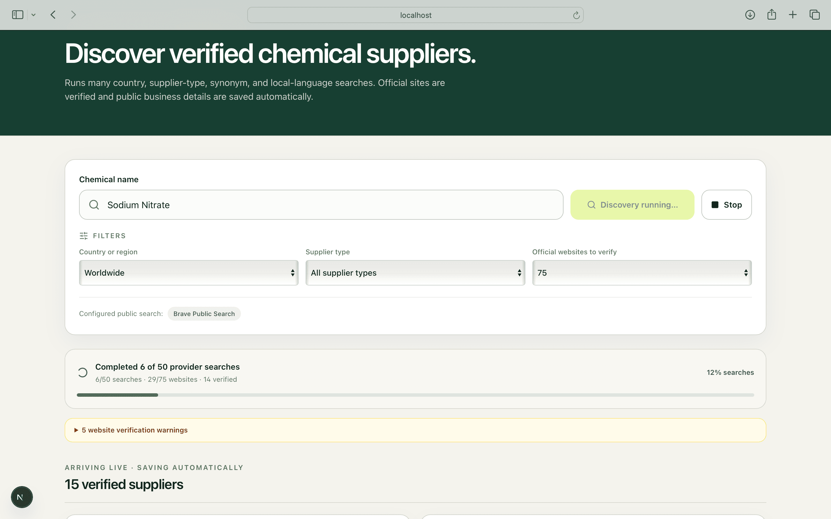 AI supplier intelligence platform showing a chemical supplier discovery workflow